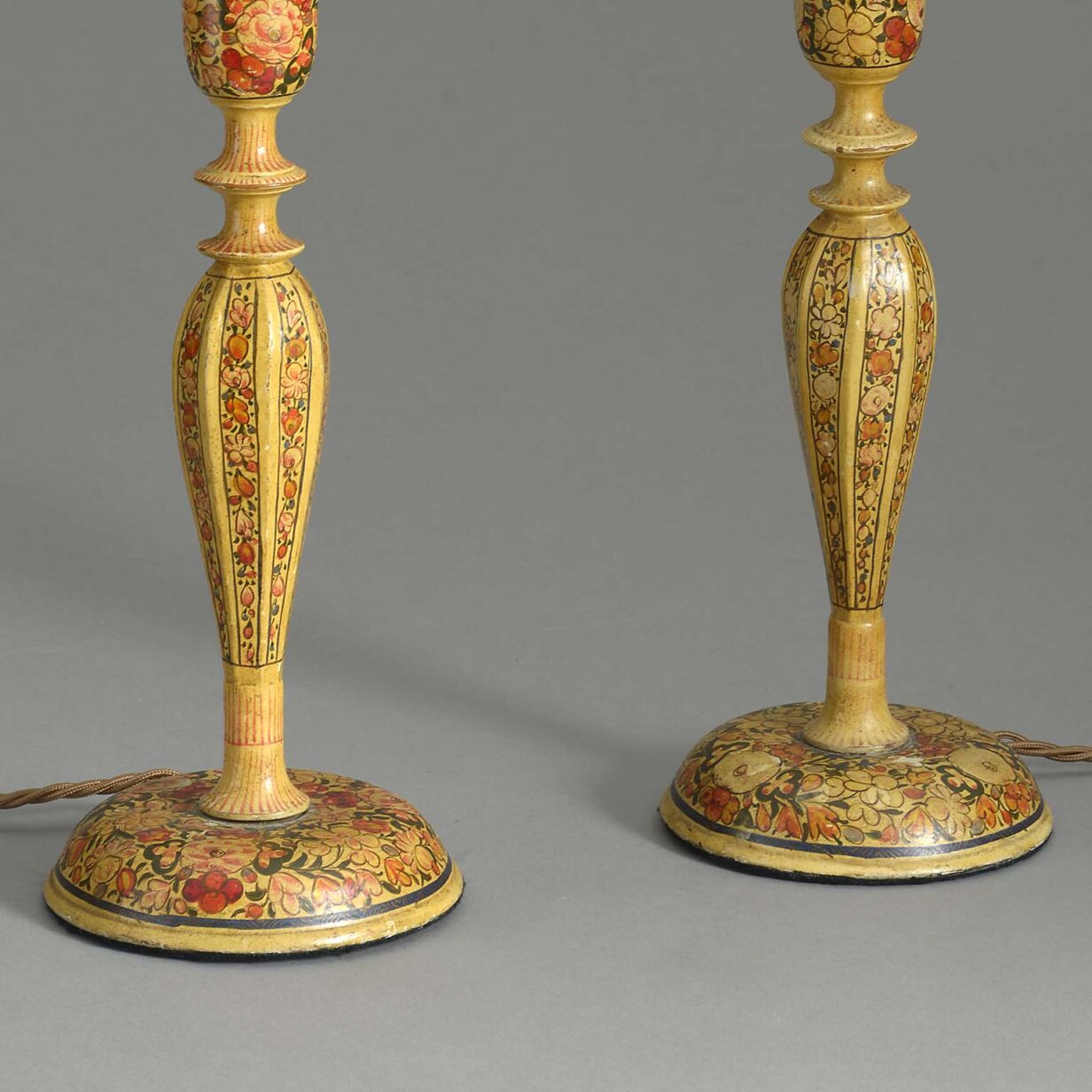 Pair of 19th century kashmiri lacquer candlestick lamps