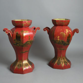 19th century pair of large tole vases & covers