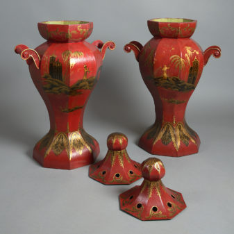 19th century pair of large tole vases & covers