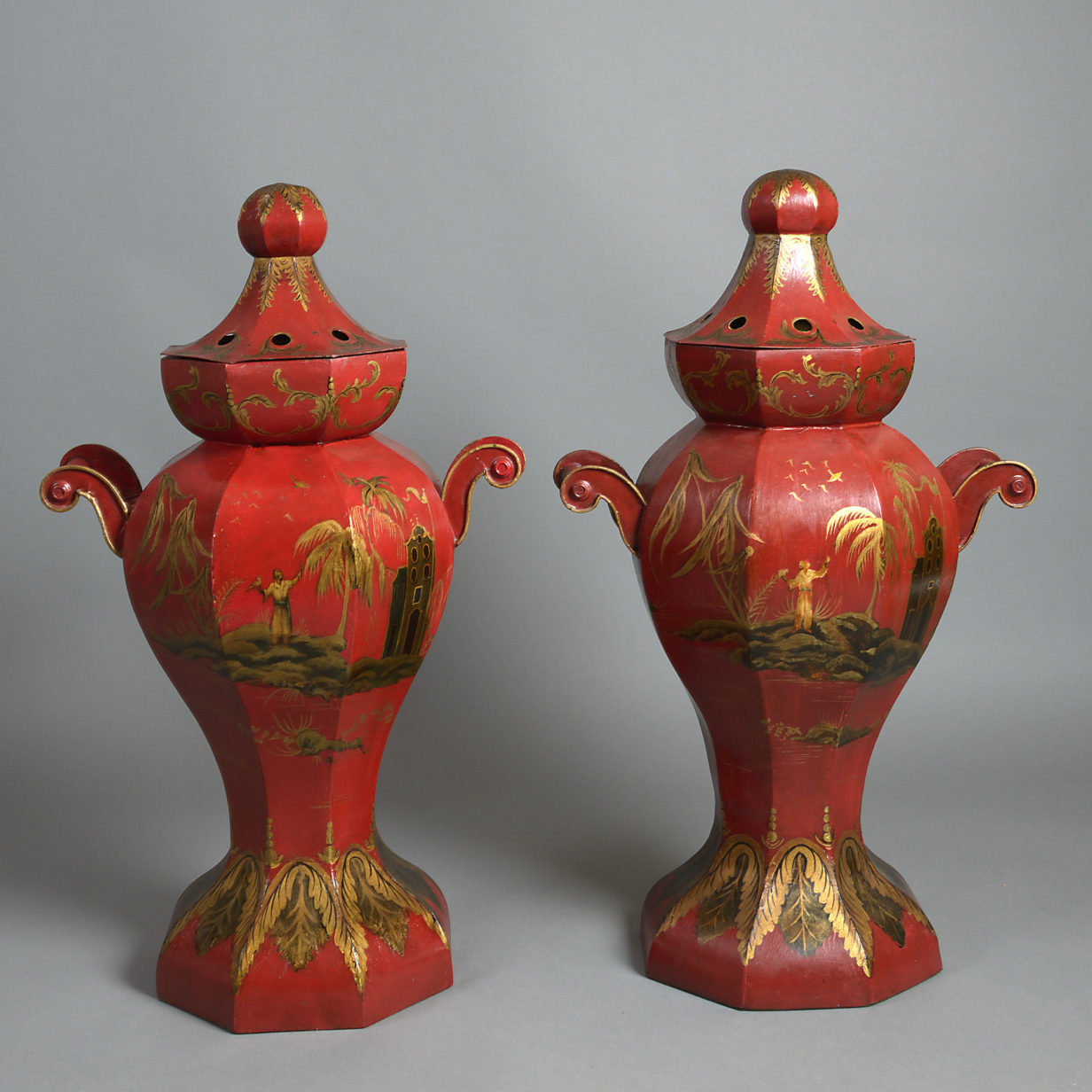 19th century pair of large tole vases & covers