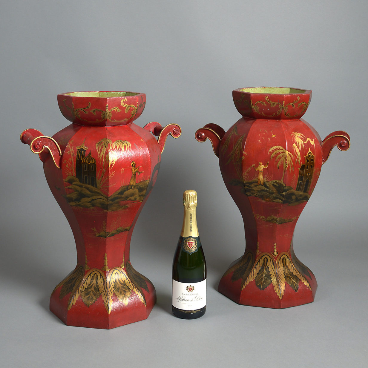 19th century pair of large tole vases & covers