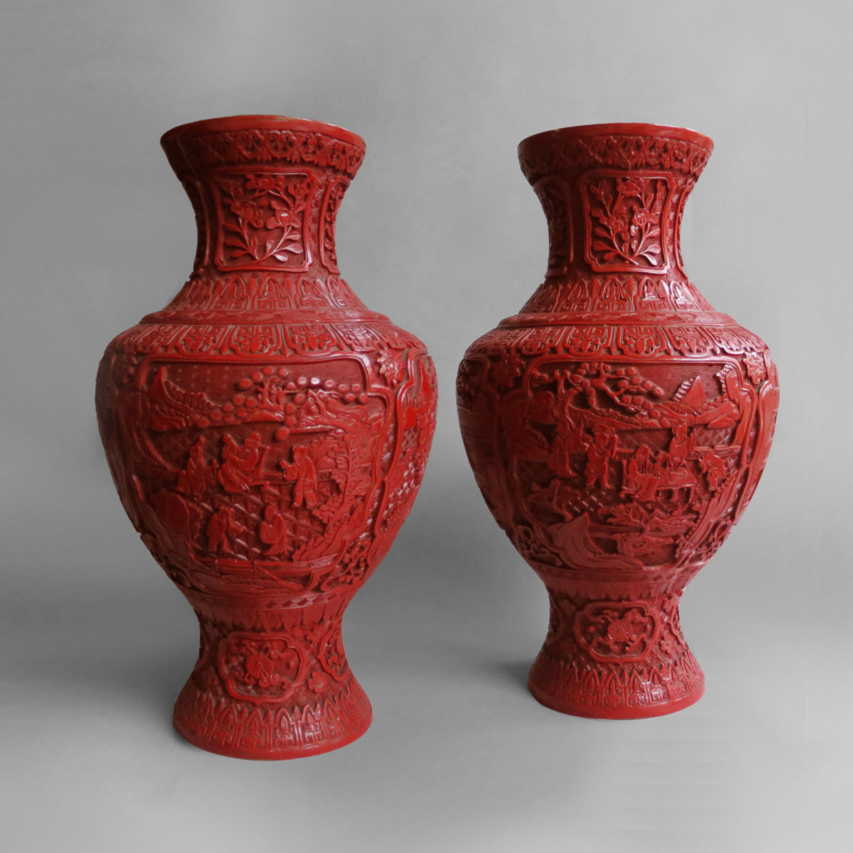 A pair of large cinnabar lacquer vases