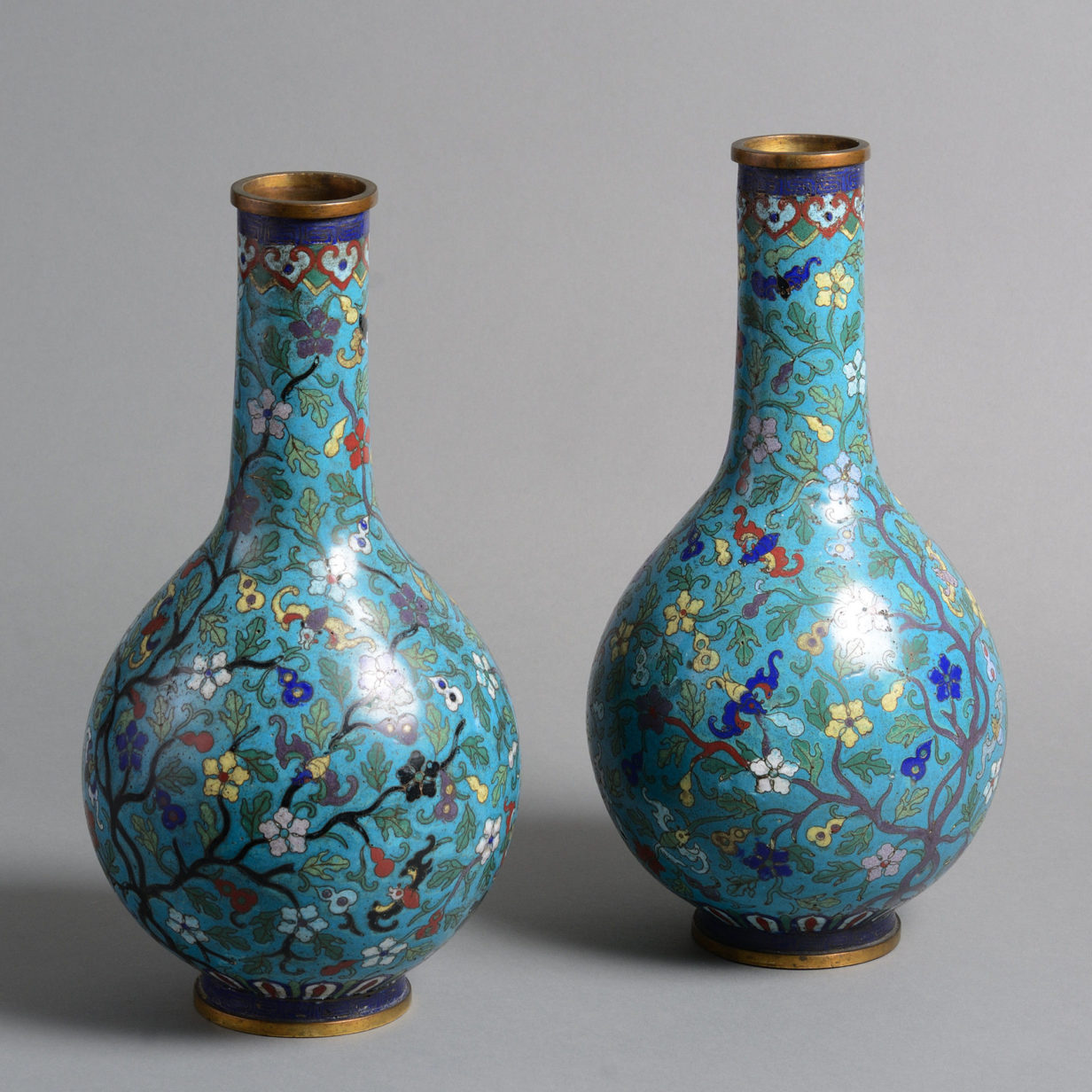 A pair of 19th century qing dynasty cloisonne bottle vases