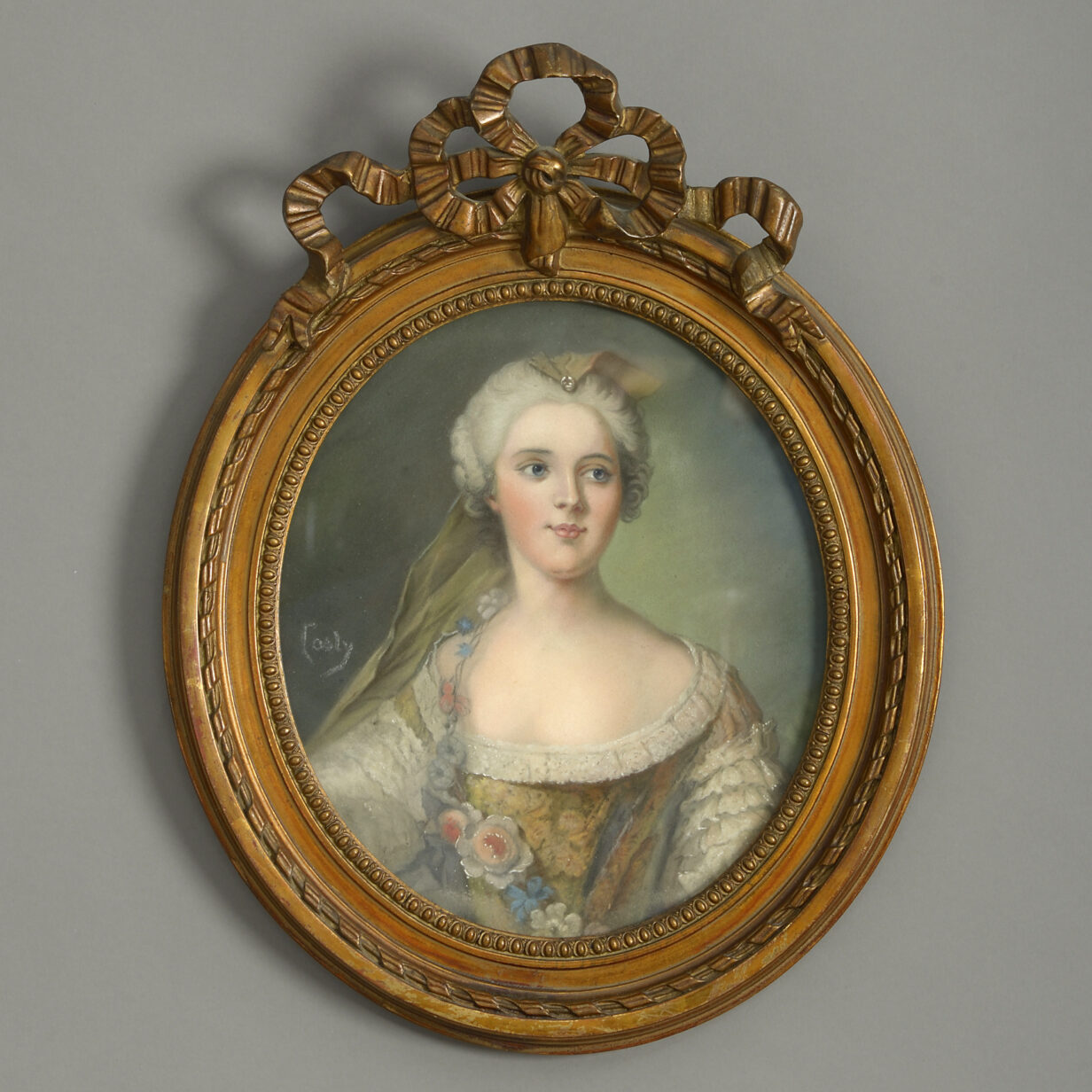 French school, 19th century a pair of portraits of louise henriette de bourbon (1726 – 1759) and françoise marie de bourbon, (1677-1749) oval pastel on paper; signed indistinctly; held in decorative swaged frames louise henriette de bourbon (1726 -1759), was a french princess, who, by marriage, became duchess of chartres (1743–1752), then duchess of orléans (1752–1759) upon the death of her father-in-law. In 1752, her husband became the head of the house of orléans, and the ‘premier prince du sang’, the most important personage after the immediate members of the royal family. Françoise marie de bourbon, (1677-1749) was the youngest illegitimate daughter of louis xiv and his mistress, the marquise de montespan. At the age of 14, she was wed to her first cousin phillippe d’orléans, future regent of france during the minority of louis xv. Through two of the eight children she bore him in an unhappy marriage she became the ancestress of several of europe's roman catholic monarchs of the 19th and 20th centuries, notably those of belgium, italy, portugal, spain, and france.