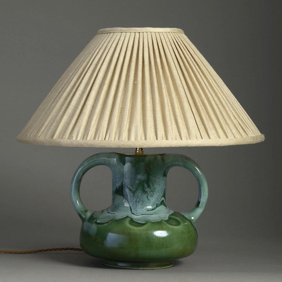 Mid-century handled green studio pottery lamp