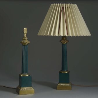 Pair of Early 20th Century Green Marble & Brass Table Lamps