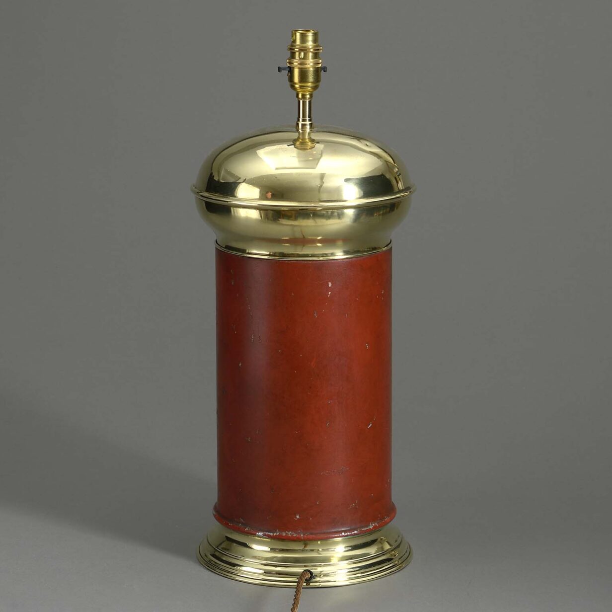 19th century red tole and brass canister lamp