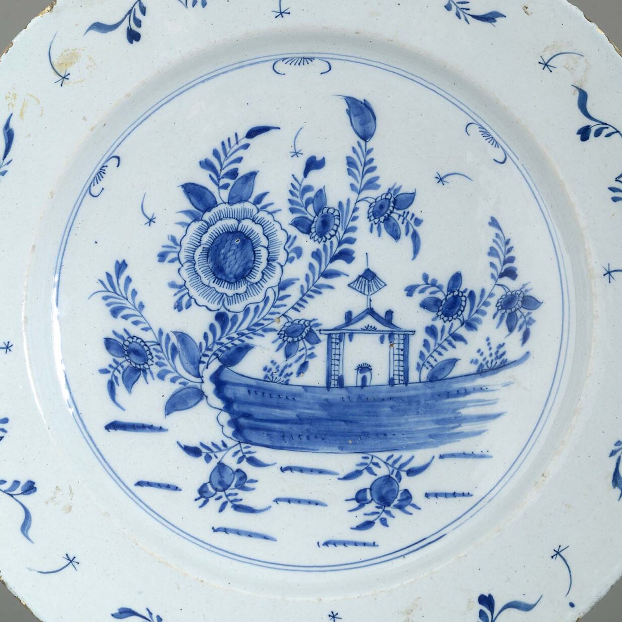 18th century blue and white glazed delft pottery charger