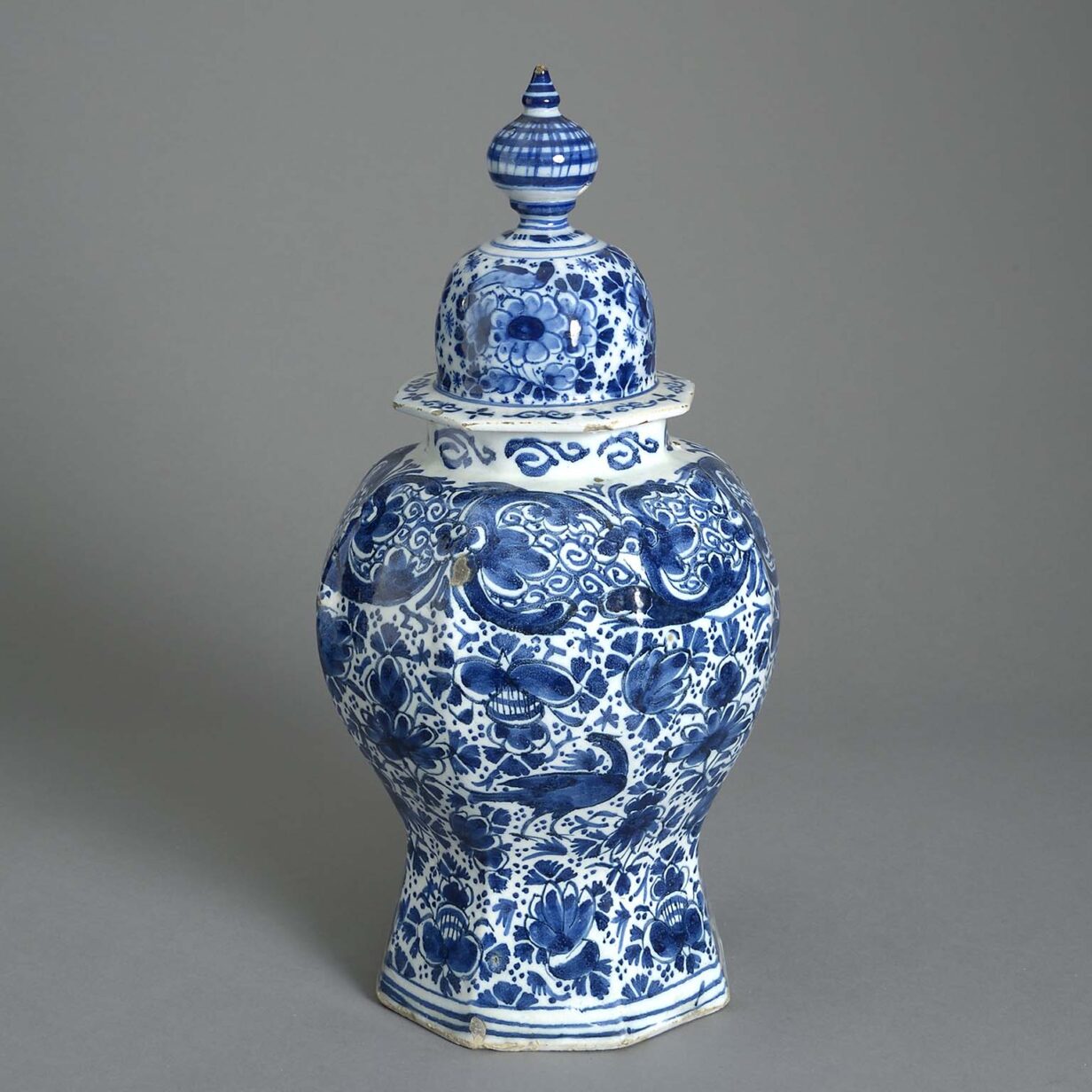 18th century blue and white glazed delft pottery vase and cover