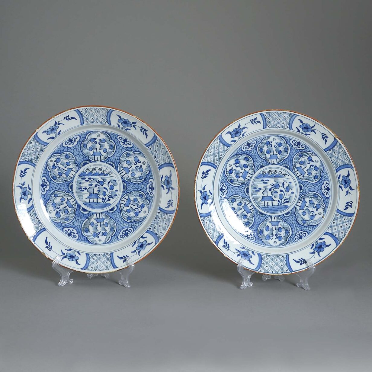 Pair of blue and white delft chargers