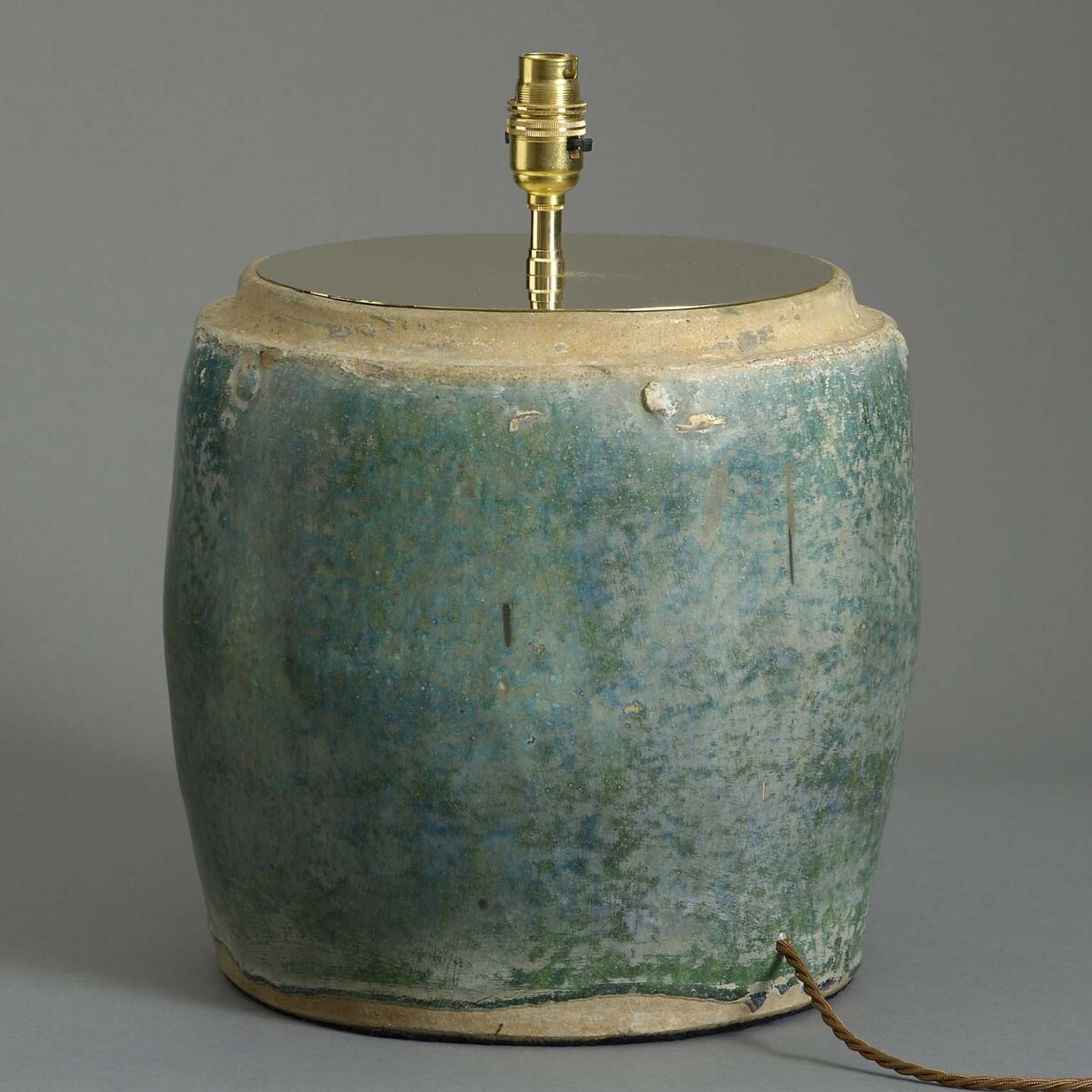 Early 20th century green glazed pottery jar lamp