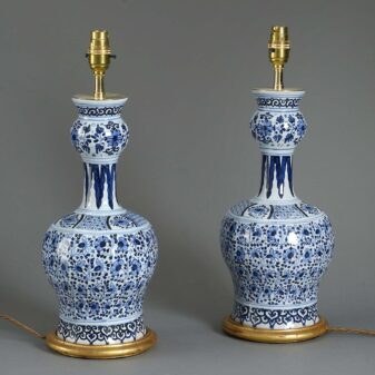 Pair of garlic neck blue and white delft pottery vase lamps