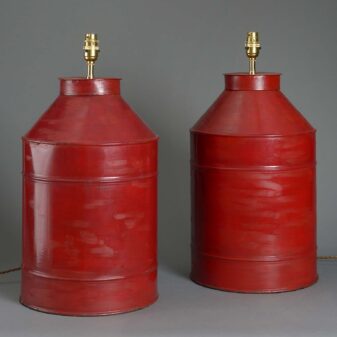 Pair of red tole canister lamps