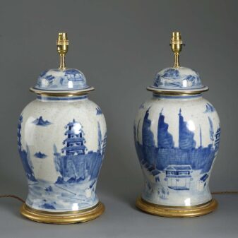 Pair of blue and white glazed baluster vase lamps