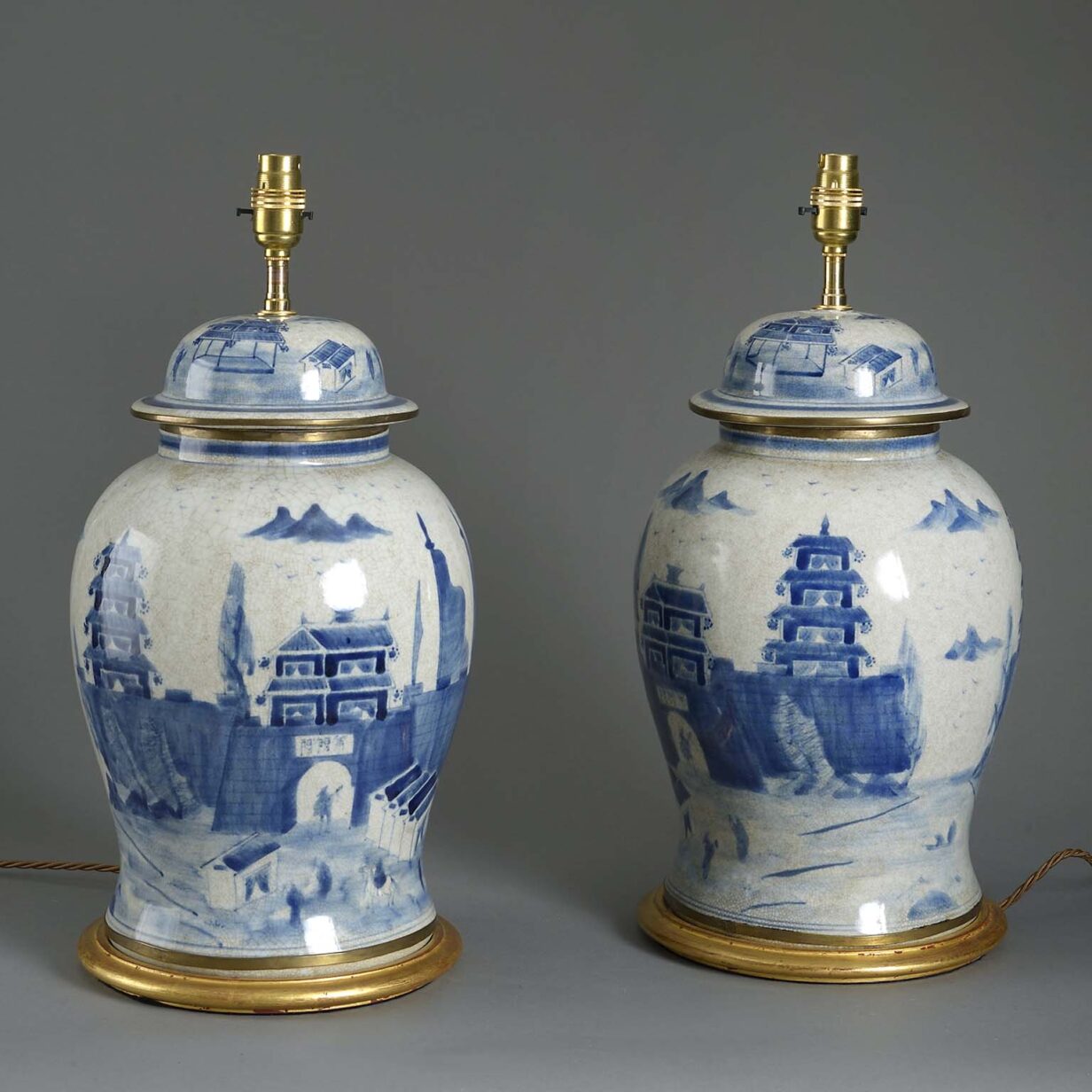 Pair of blue and white glazed baluster vase lamps