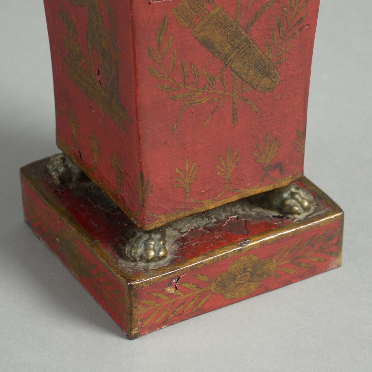 Early 19th century empire period red tole trumpet cache pot