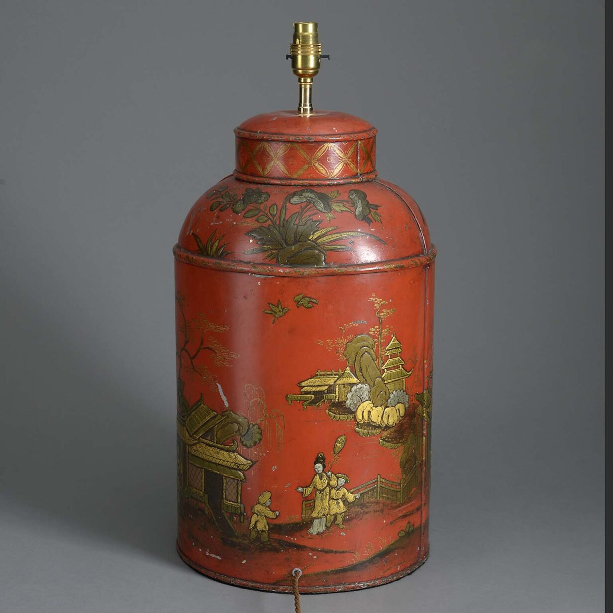 Red tole tea canister lamp