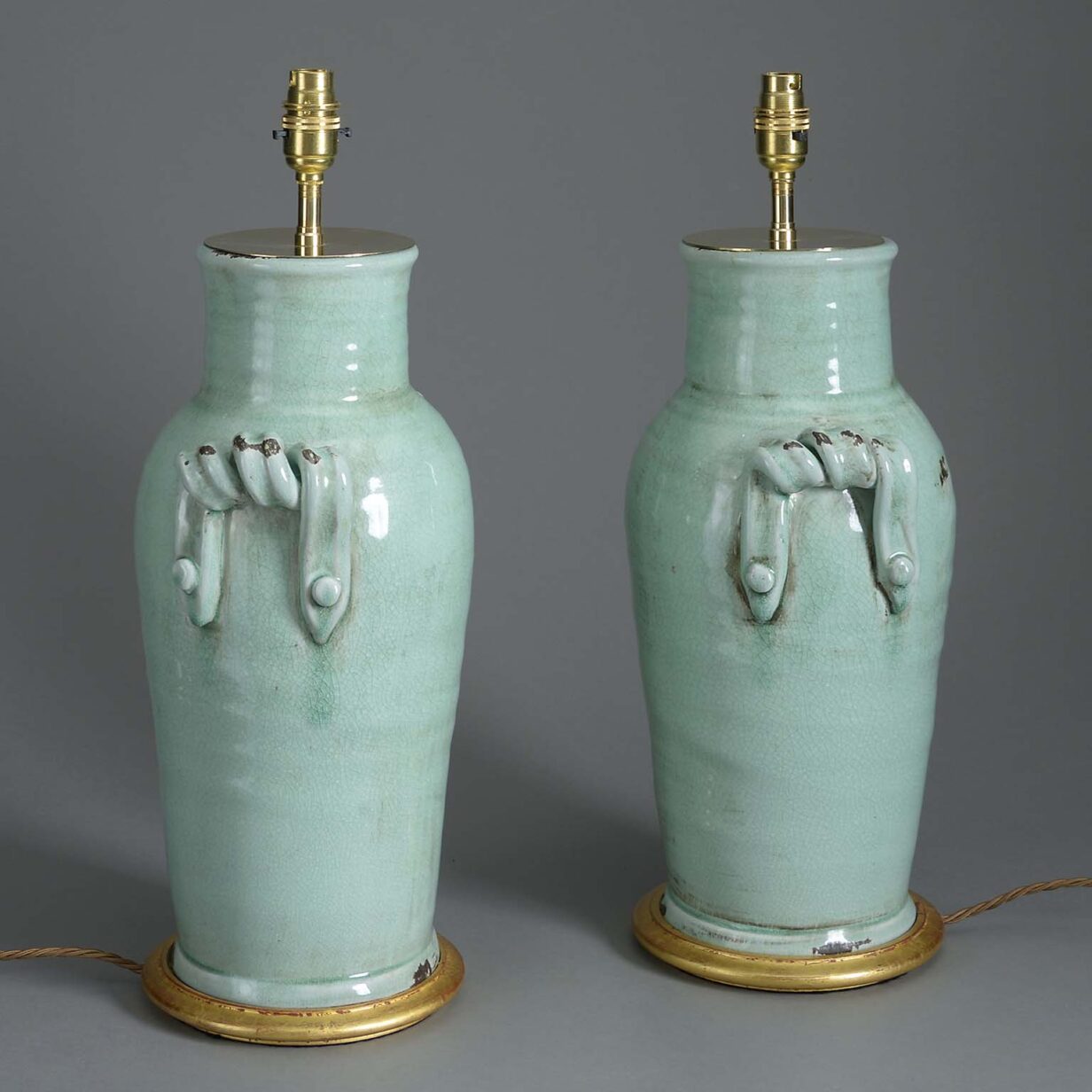 Pair of celadon cracquelle glazed jar lamps