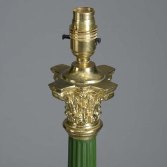 Pair of 19th century green tole and gilt brass column lamps