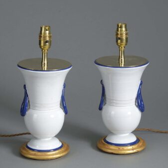 Pair of cream and bue glazed vase lamps