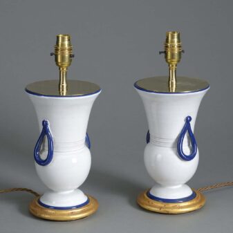 Pair of cream and bue glazed vase lamps