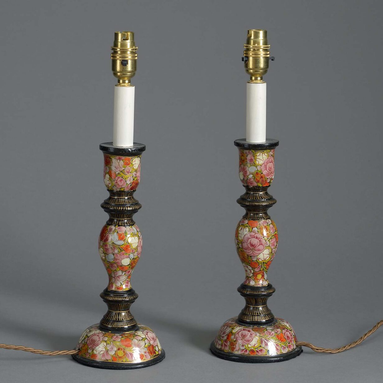 Pair of early 20th century kashmiri lacquer candlestick lamps