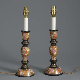 Pair of early 20th century kashmiri lacquer candlestick lamps