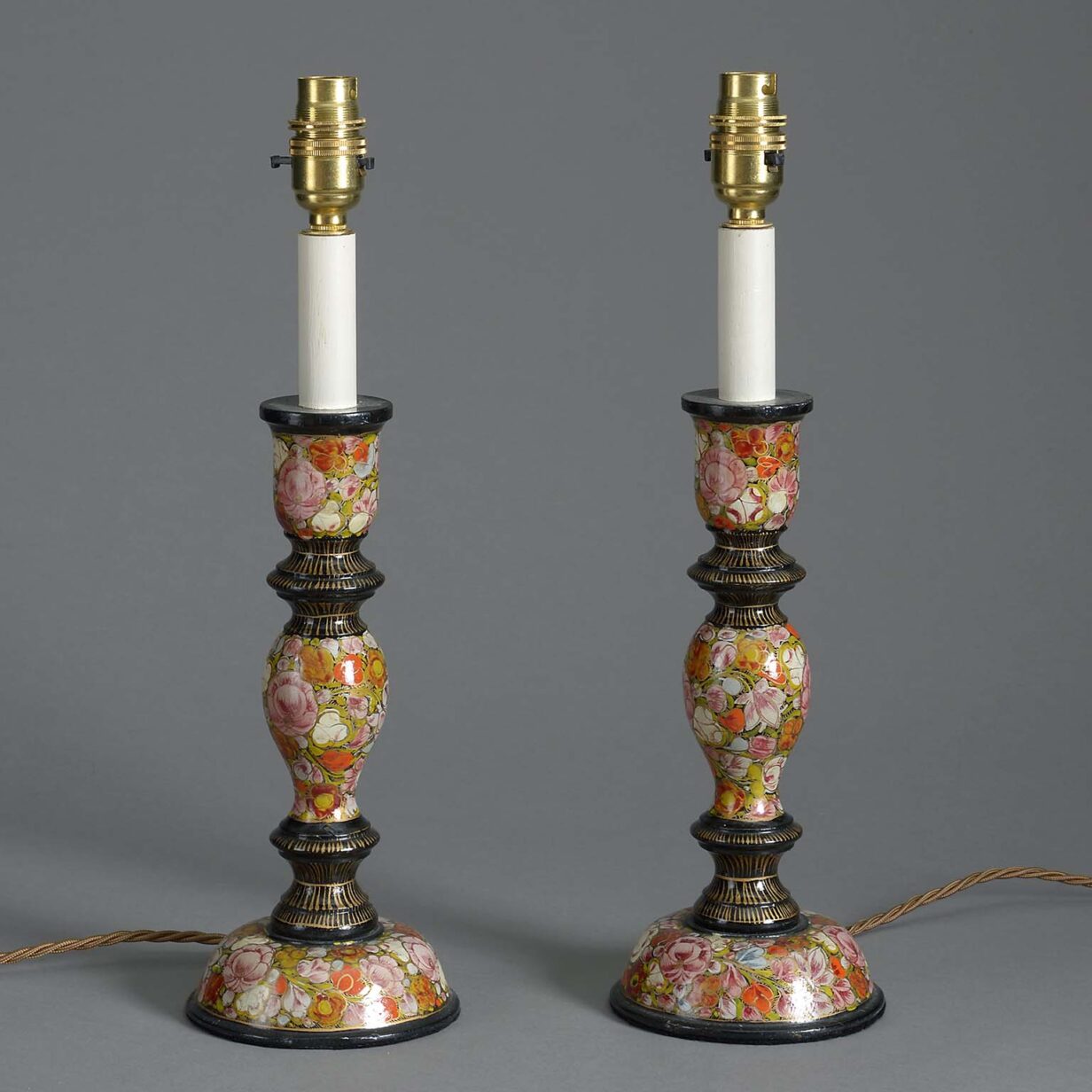 Pair of early 20th century kashmiri lacquer candlestick lamps