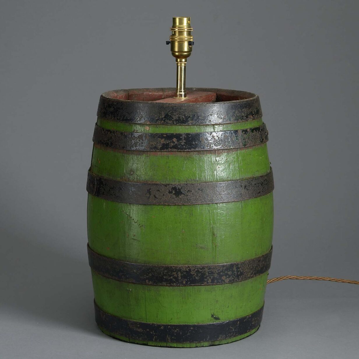 19th century green painted coopered barrel lamp