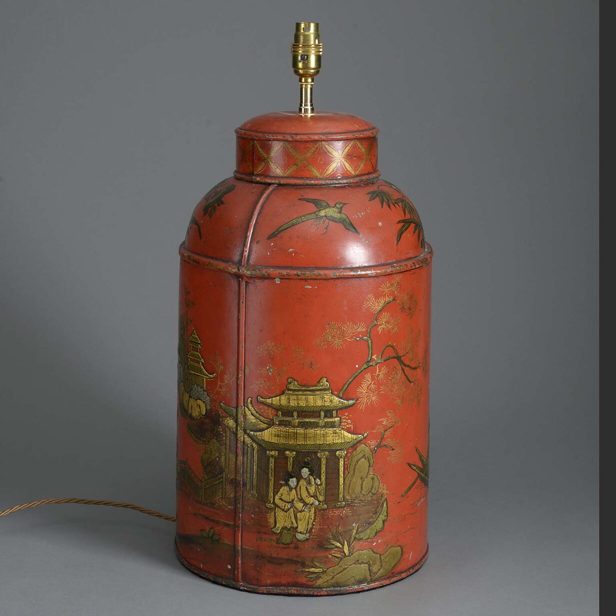 19th century red painted and gilded chinoiserie tole tea canister lamp