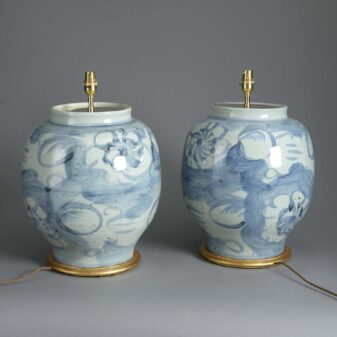 Pair of large scale blue and white ming style jar lamps