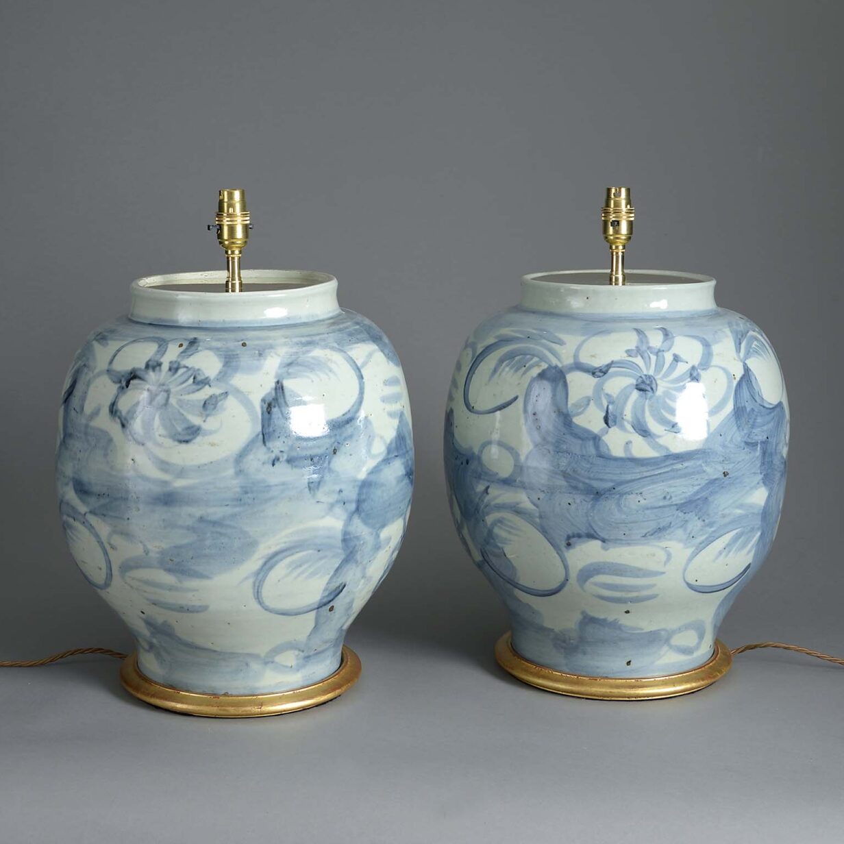 Pair of large scale blue and white ming style jar lamps