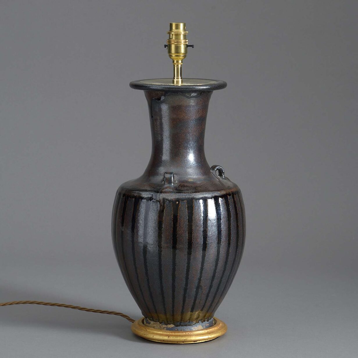 Mid-century oil glazed pottery vase lamp