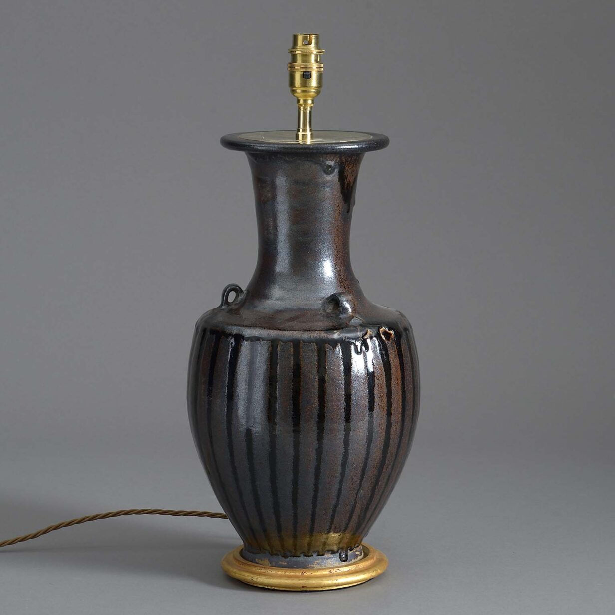 Mid-century oil glazed pottery vase lamp