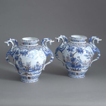 Pair of antique blue, white, manganese pottery vases