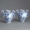 Pair of antique blue, white, manganese pottery vases