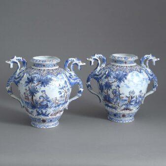 Pair of Antique Blue, White, Manganese Pottery Vases