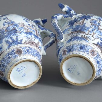 Pair of antique blue, white, manganese pottery vases