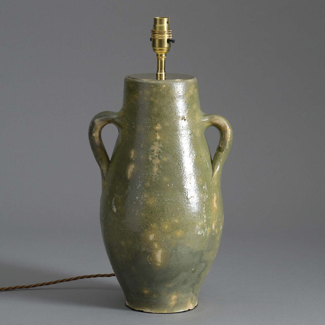 19th century green glazed olive oil jar lamp